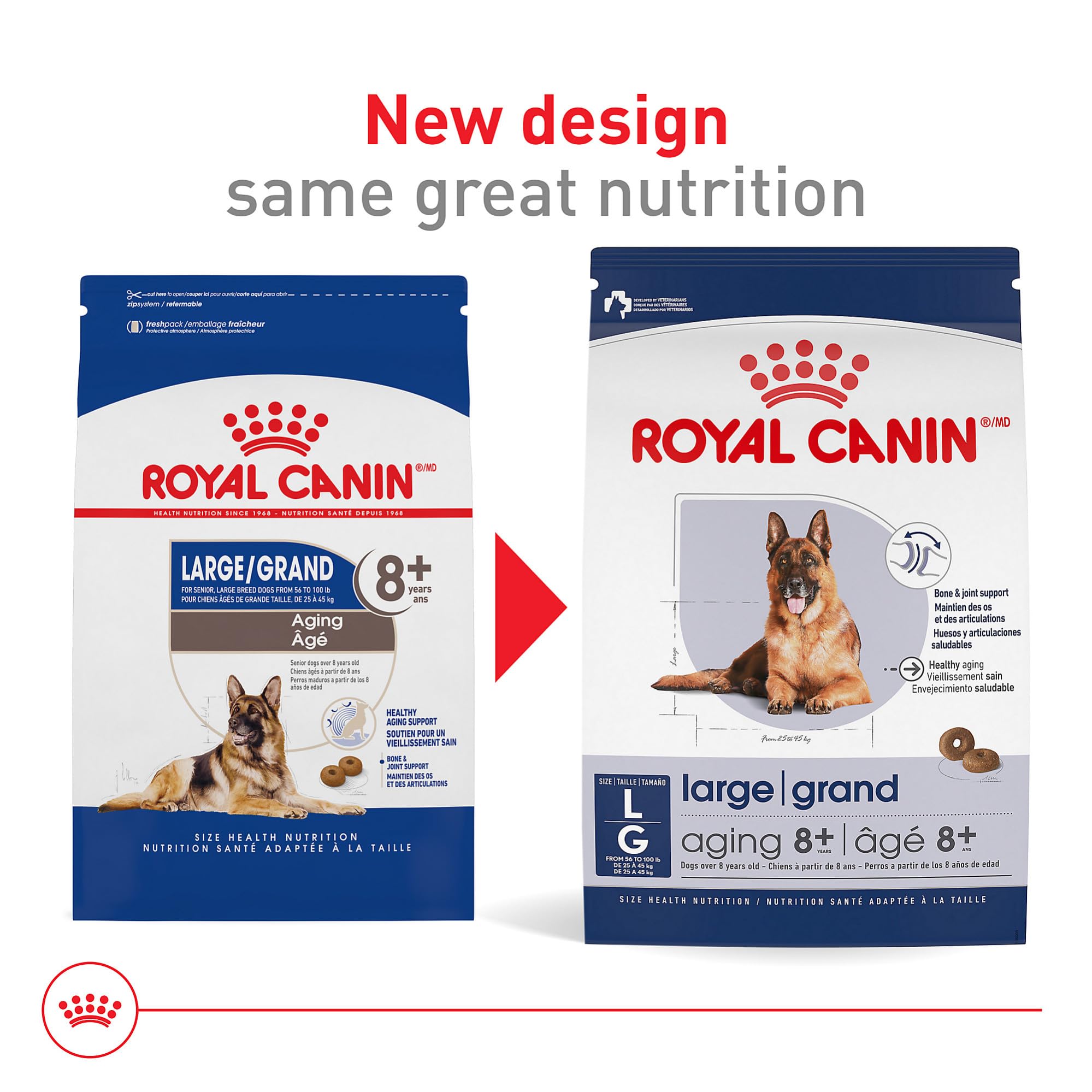 Royal Canin bone and joint support for large dogs with balanced minerals.