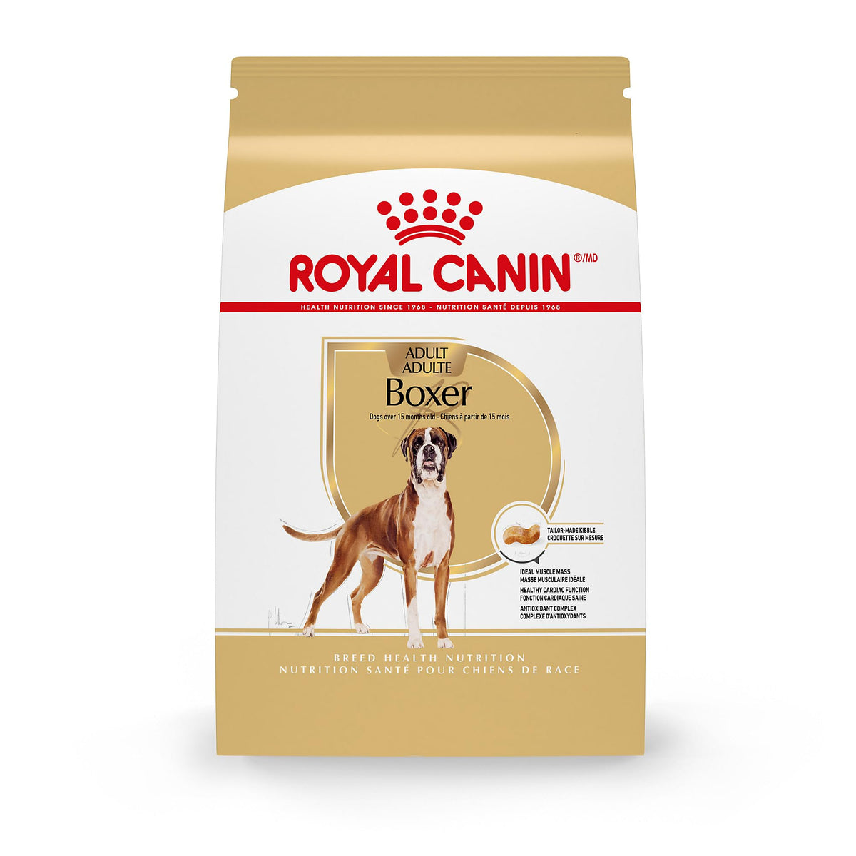 Royal Canin Boxer Adult dry dog food bag front highlights breed-specific nutrition.