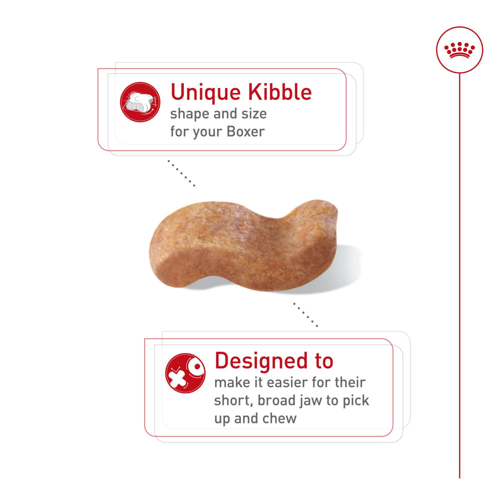 Royal Canin Boxer Adult dry kibble closeup highlighting wave-shaped design.