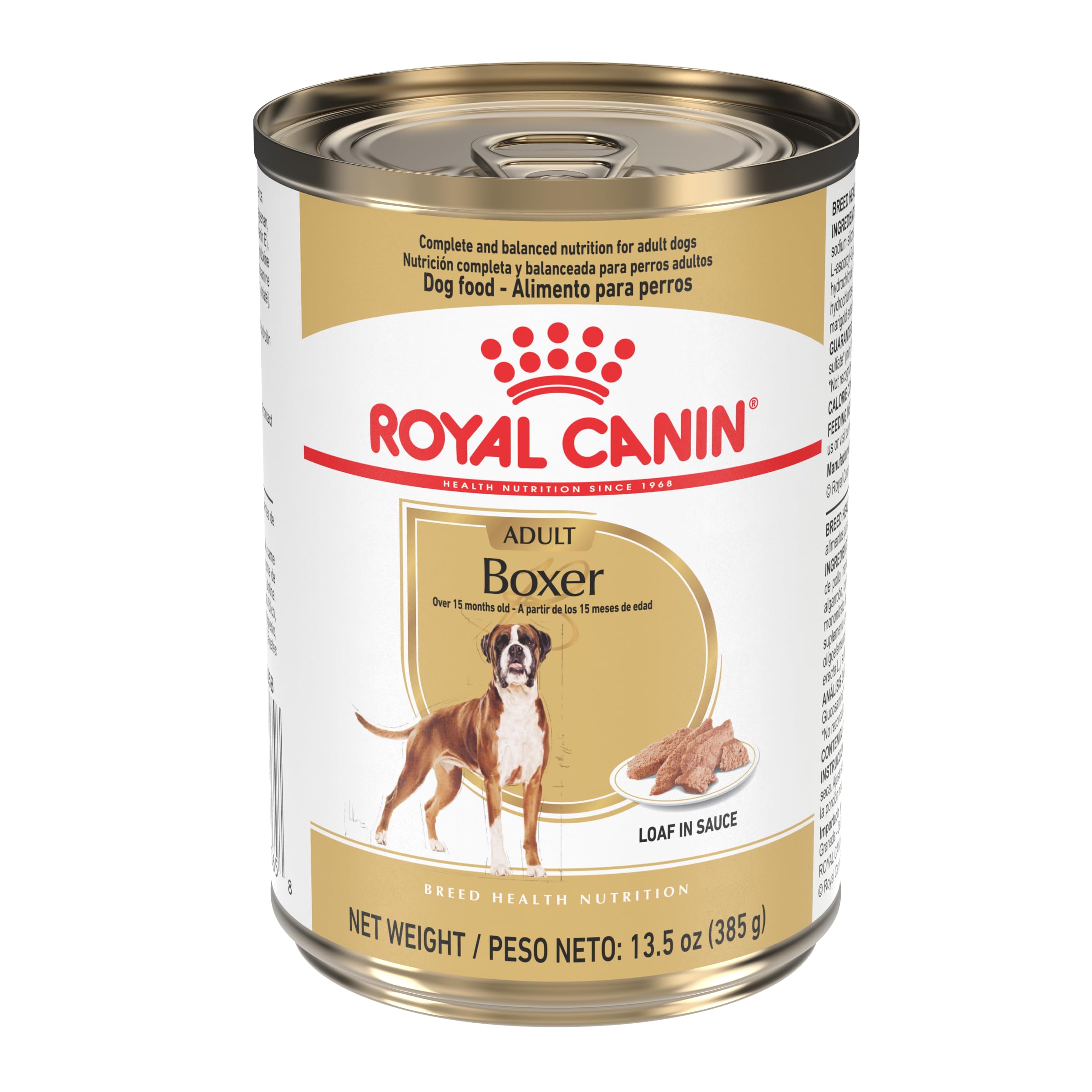 Royal Canin Boxer loaf in sauce shown in a bowl, appealing texture supports appetite.
