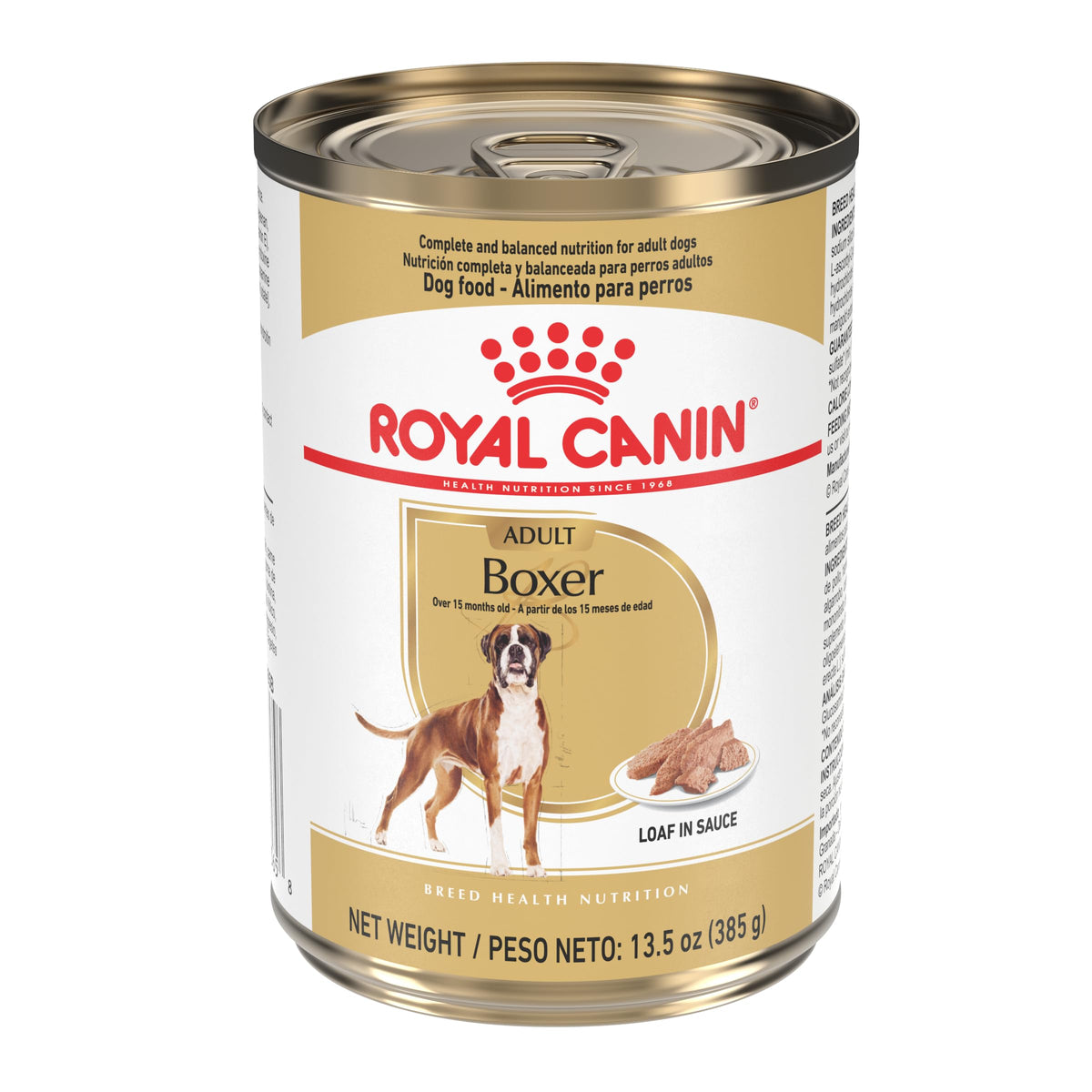 Royal Canin Boxer loaf in sauce shown in a bowl, appealing texture supports appetite.