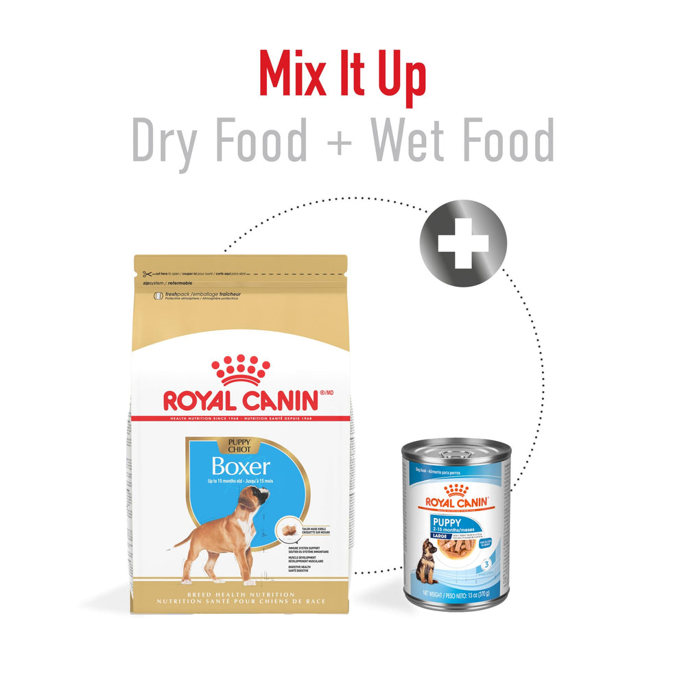 Royal Canin Boxer Puppy short-muzzle friendly kibble for easier feeding.