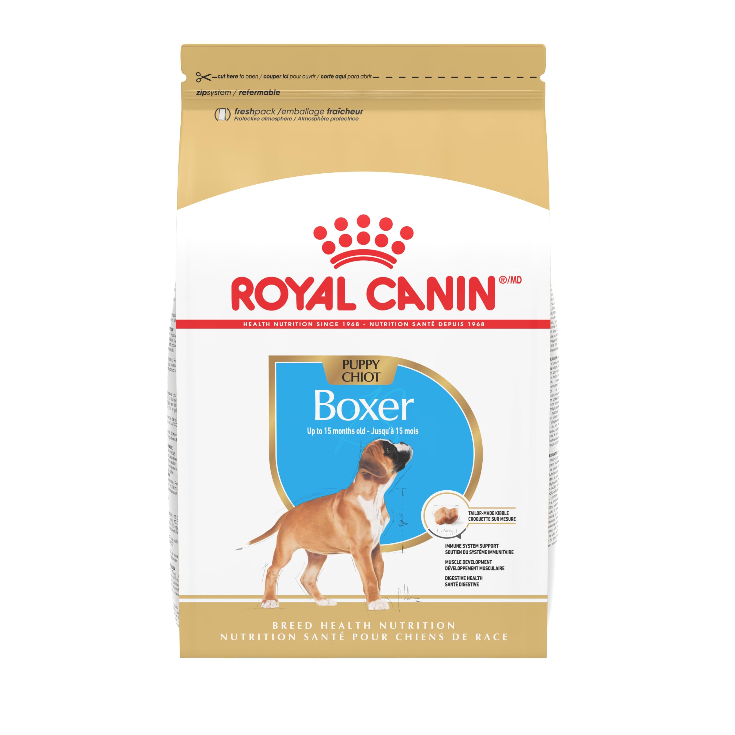 Royal Canin Boxer Puppy wave kibble designed for easy pickup and chewing.