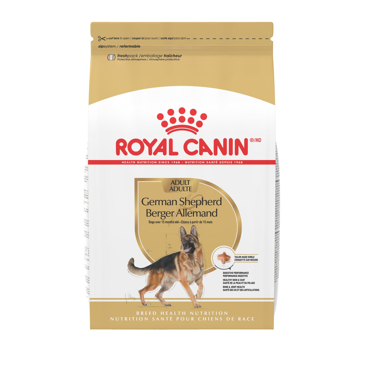 ROYAL CANIN Breed Health German Shepherd Adult dry food bag—breed-specific nutrition for large dogs.