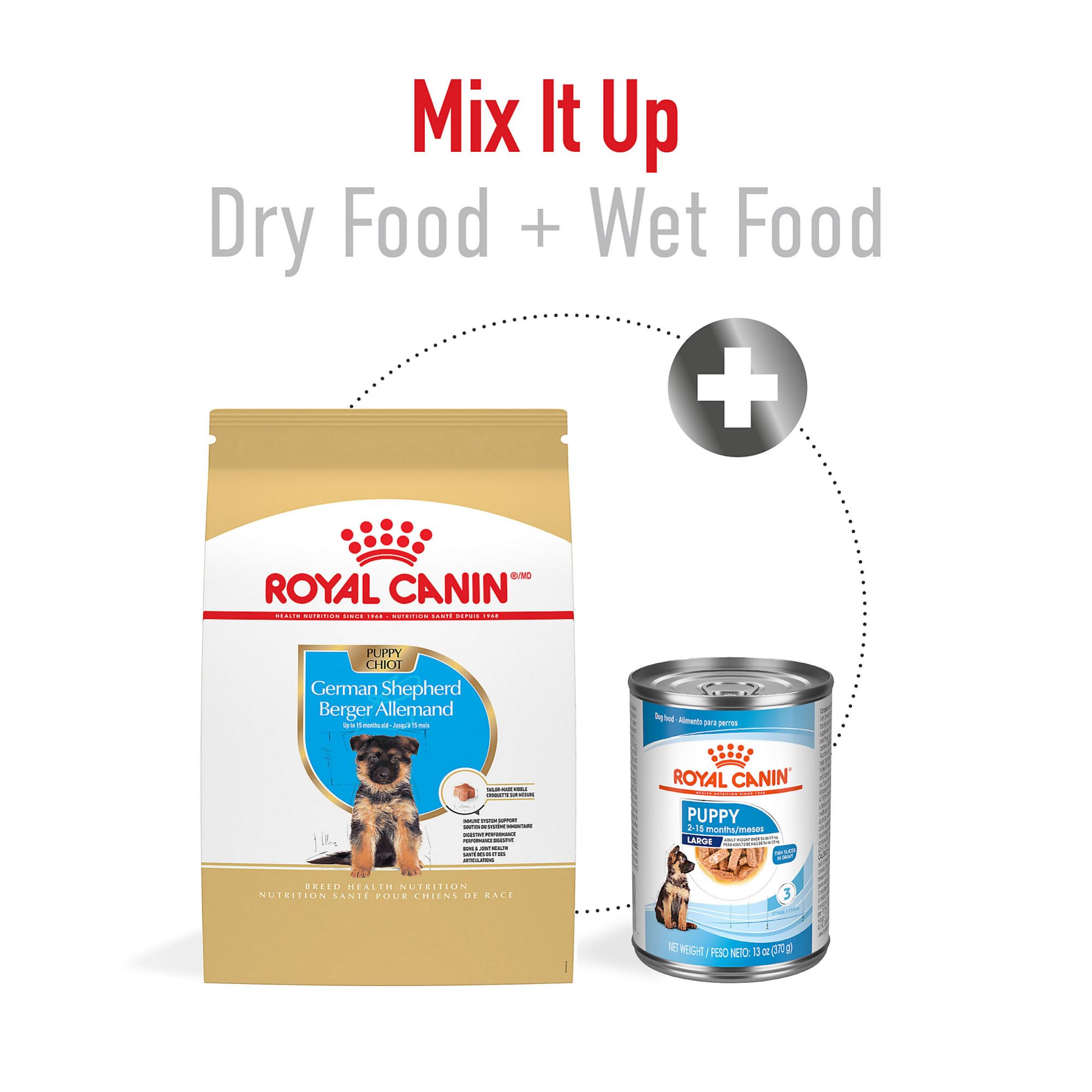 Royal Canin Breed Health German Shepherd Puppy graphics emphasize joint support for puppies.