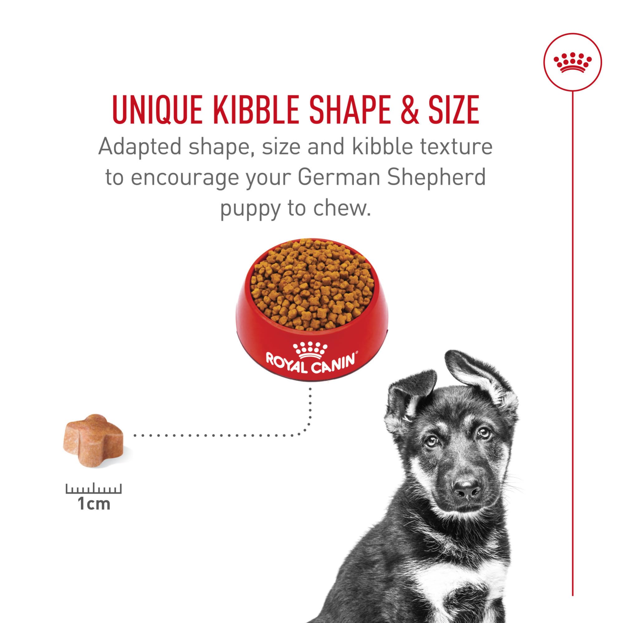 Royal Canin Breed Health German Shepherd Puppy packaging shows digestive health graphics.
