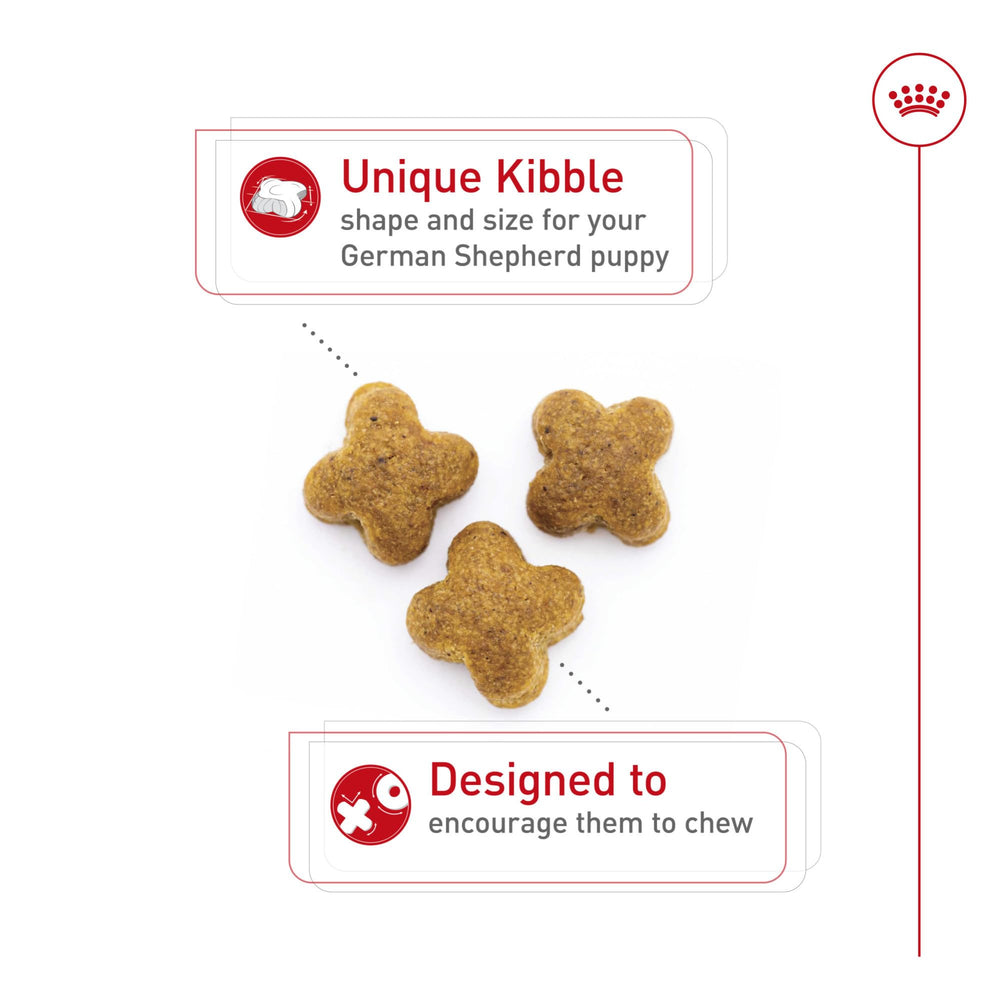 Royal Canin Breed Health German Shepherd Puppy bowl scene signaling immune support and digestion.