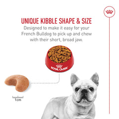 Royal Canin French Bulldog kibble curved shape highlights easy pick-up and chewing.
