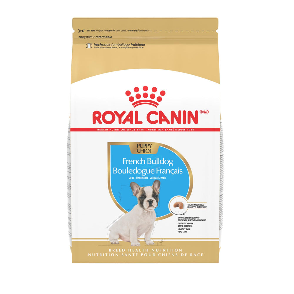 Royal Canin French Bulldog Puppy dry food bag designed for easy pickup for 8 weeks to 12 months.