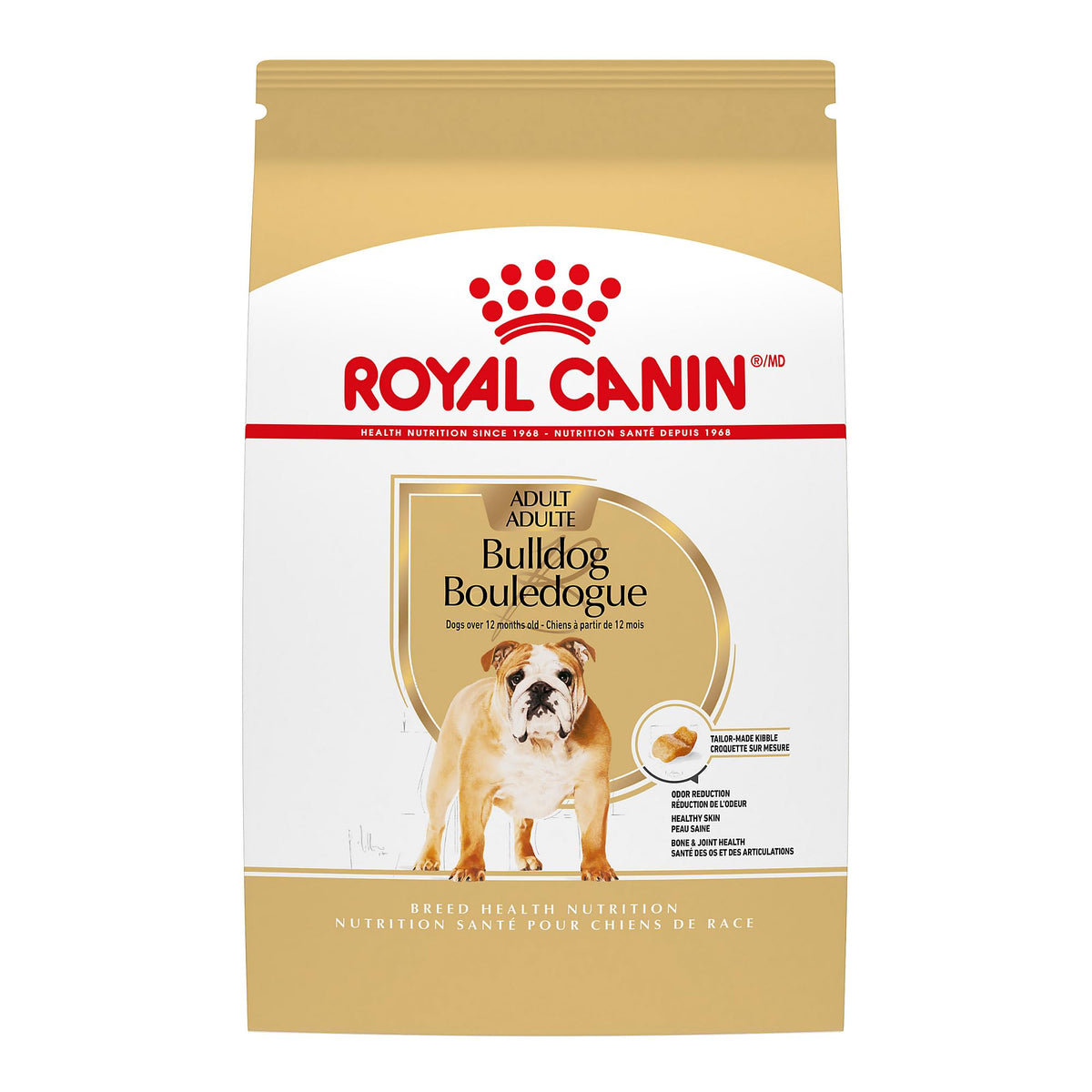 Royal Canin Bulldog Adult dry dog food bag supports digestion and coat health