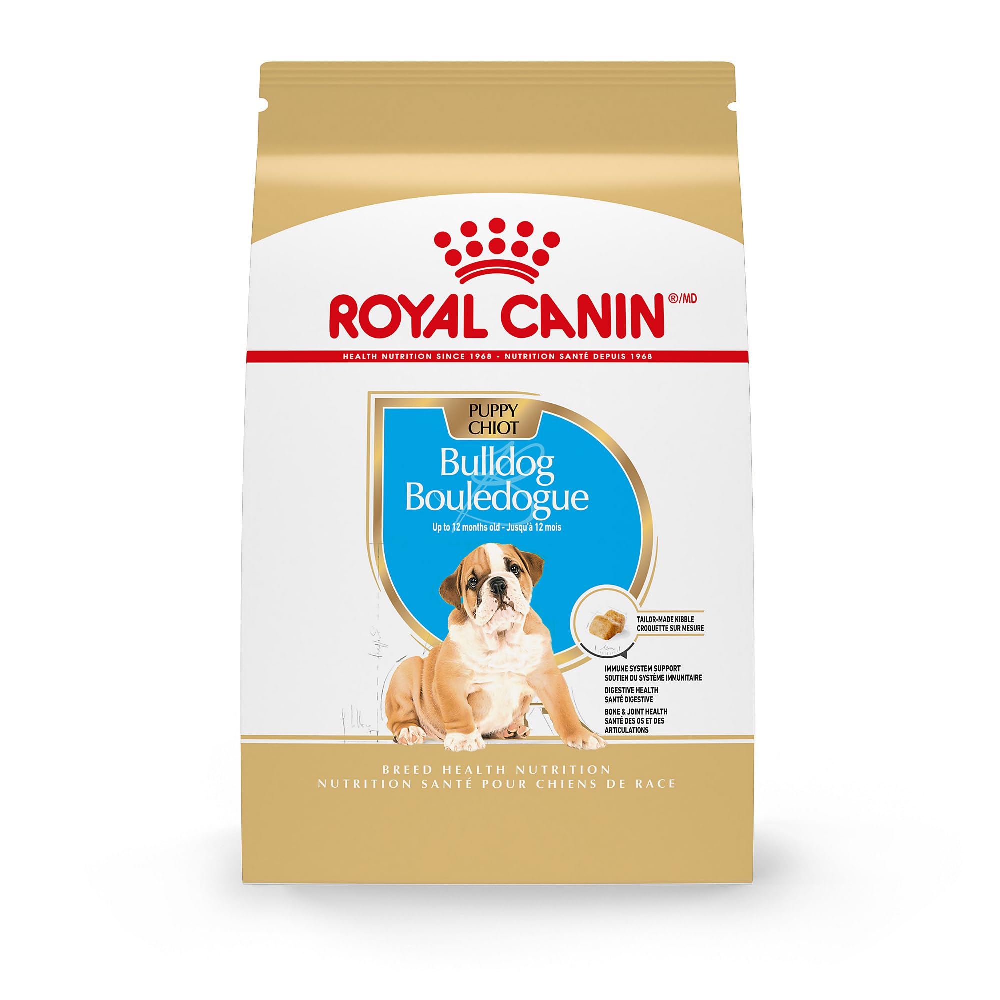 Royal Canin Bulldog Puppy bag front emphasizing breed-specific nutrition for immune and joint support
