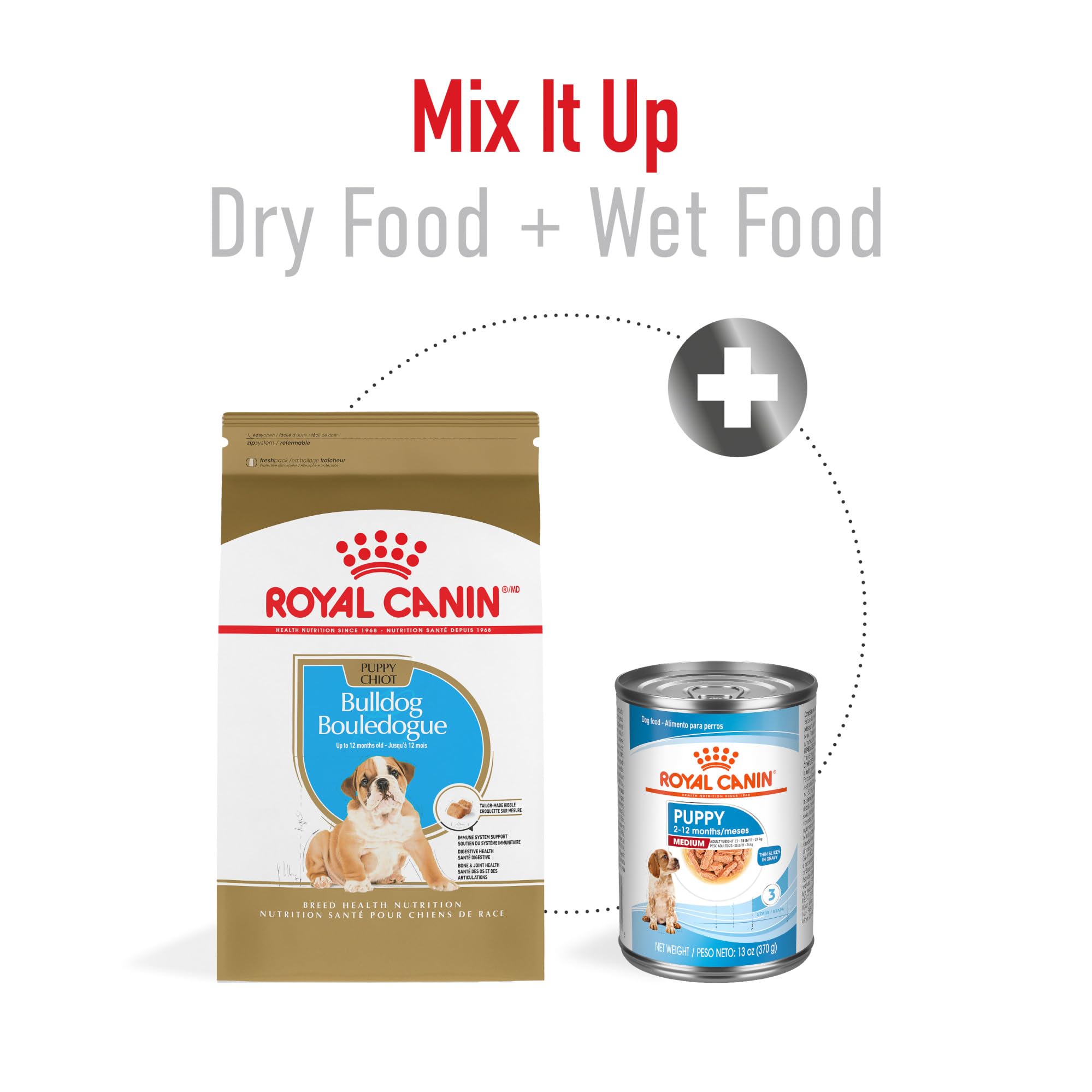 Royal Canin Bulldog Puppy feeding area showing balanced minerals for joints