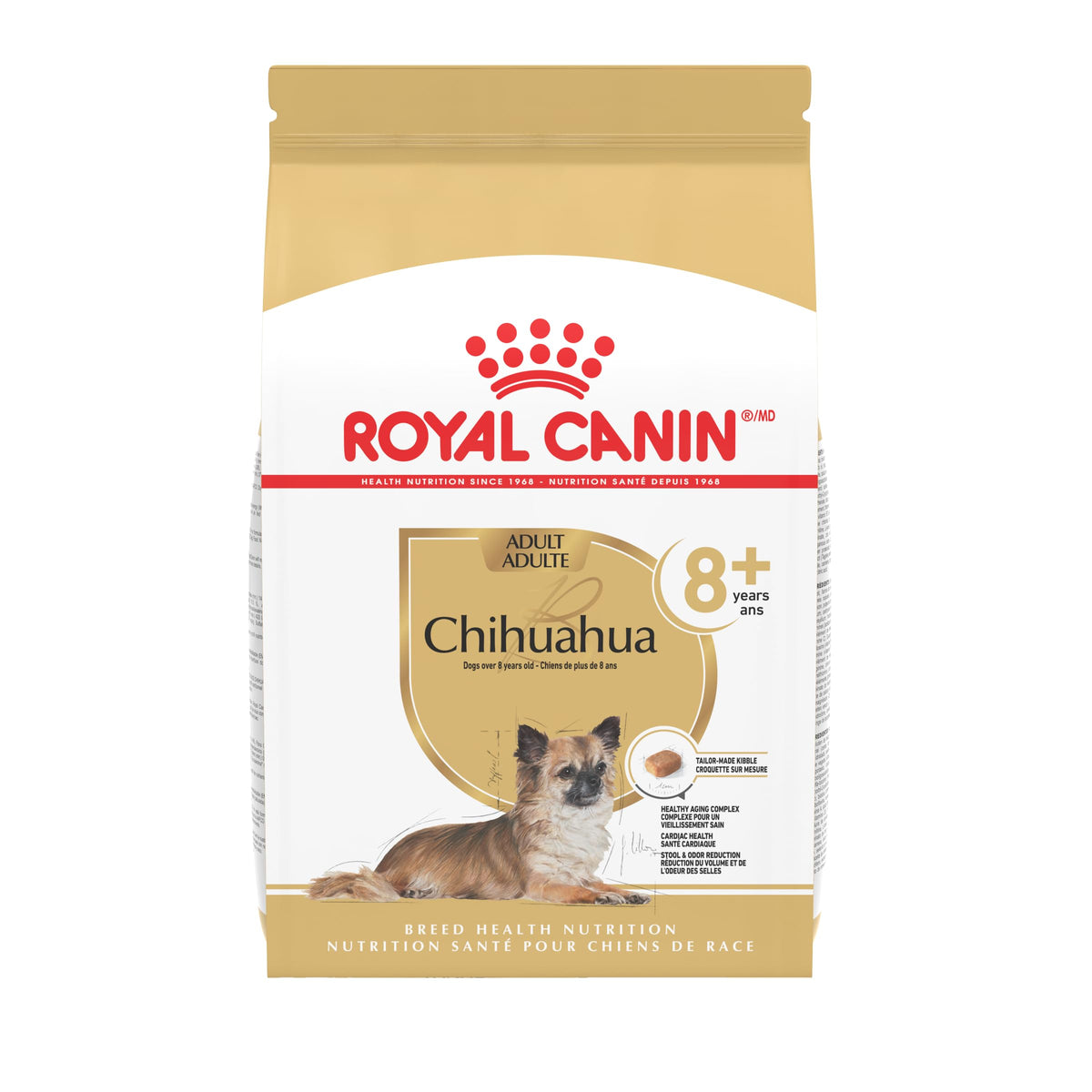 Royal Canin Chihuahua Adult 8+ dry food bag highlighting senior small-breed nutrition