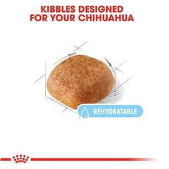 Royal Canin Chihuahua Adult 8+ kibble close-up shows rehydration-friendly texture