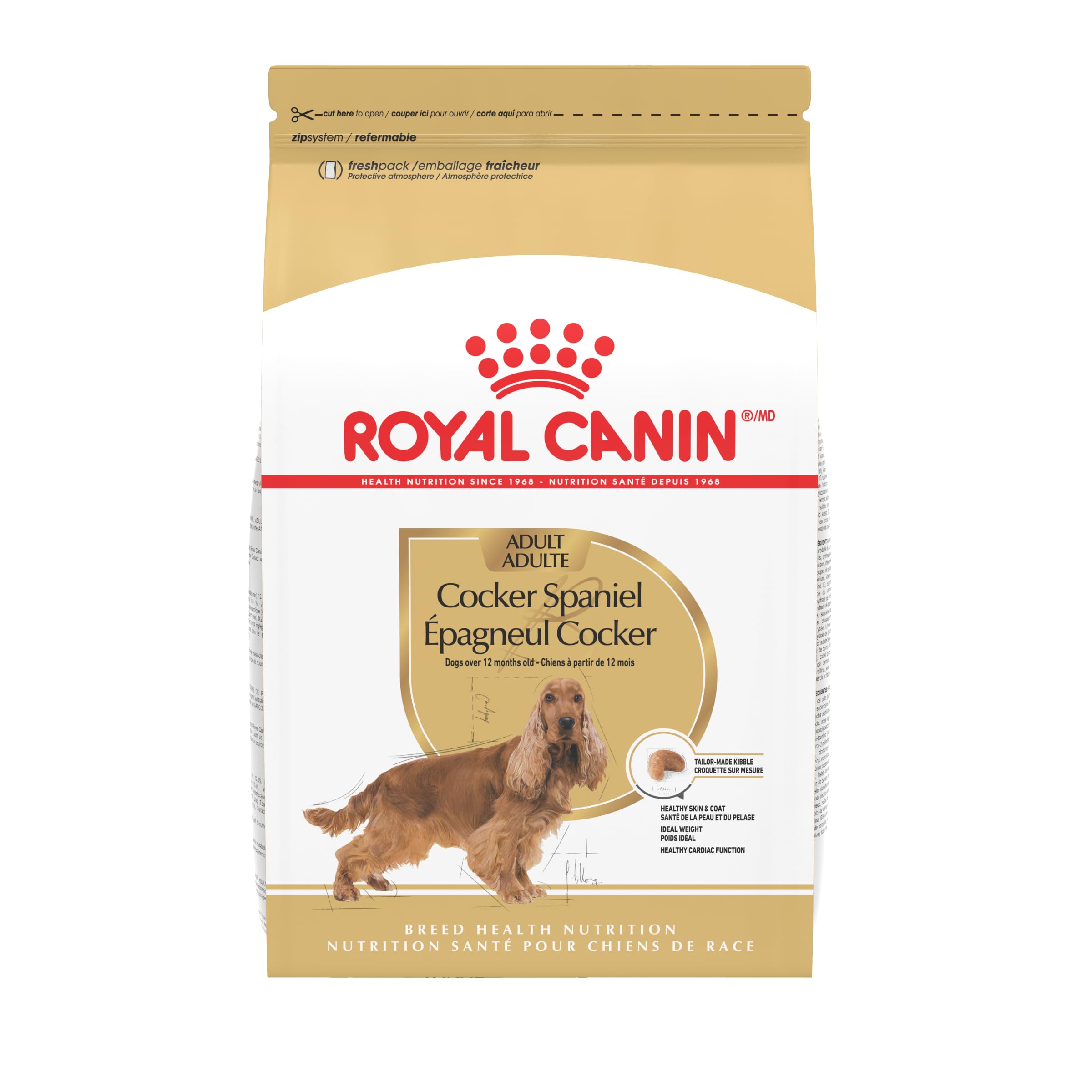 Royal Canin Cocker Spaniel Adult dry dog food bag; supports weight management.
