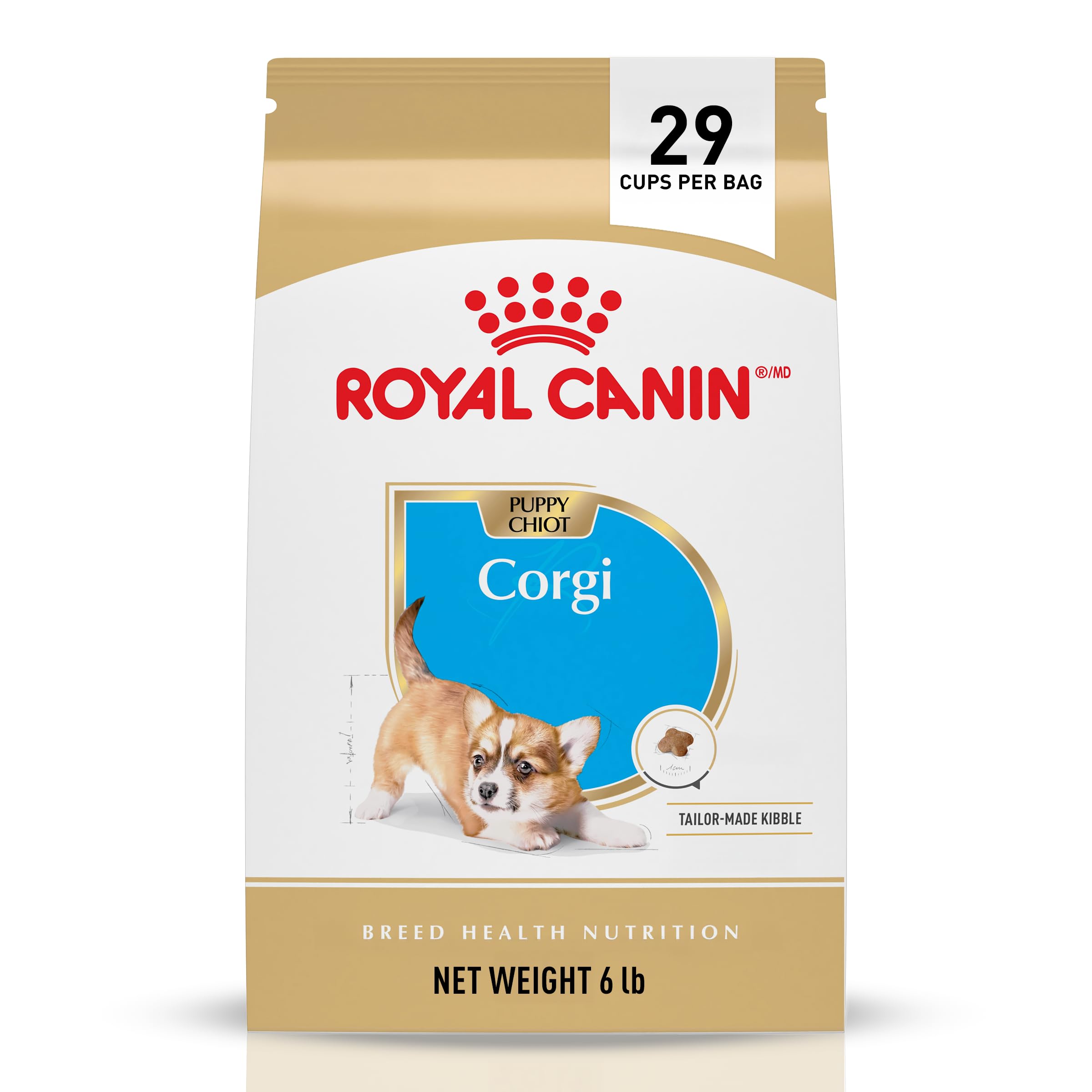 Royal Canin Corgi Puppy bag front showing age-specific kibble that supports bone development.
