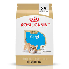 Royal Canin Corgi Puppy bag front showing age-specific kibble that supports bone development.