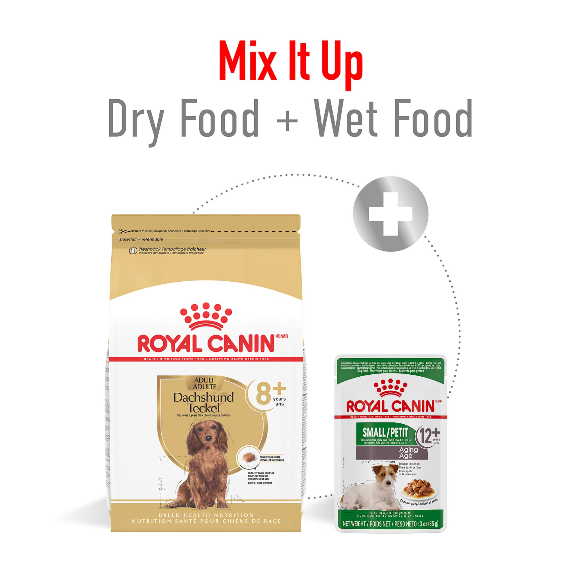 Royal Canin Dachshund 8+ senior bone and joint support through balanced minerals.