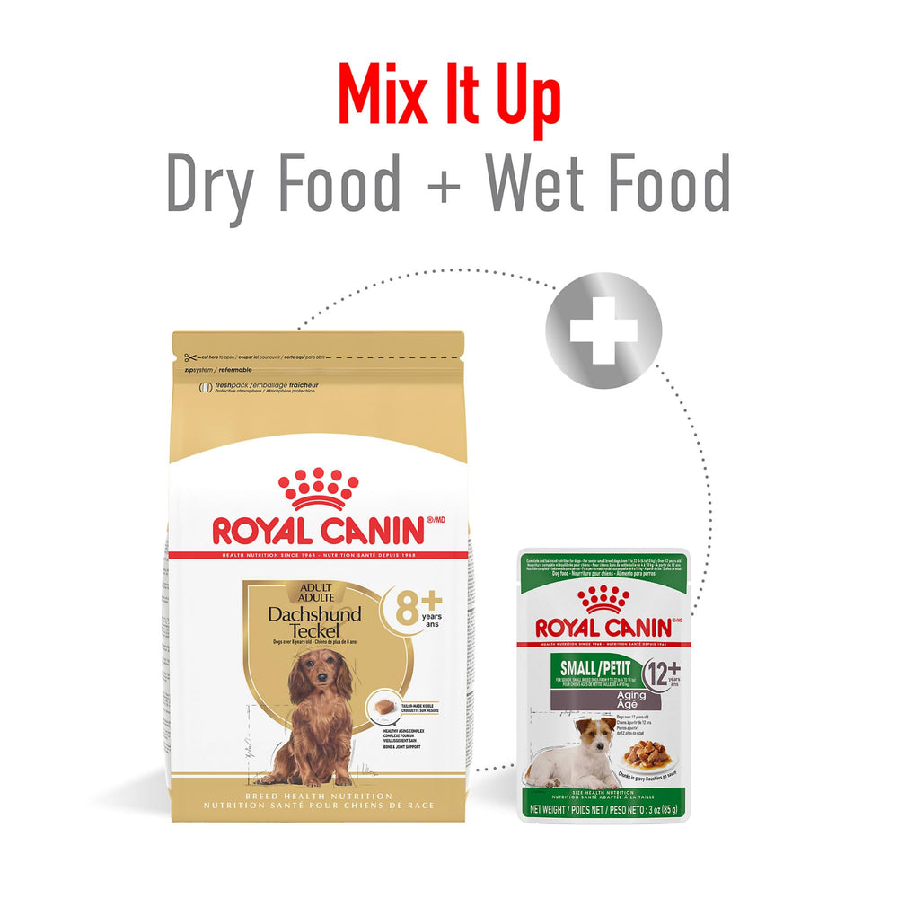 Royal Canin Dachshund 8+ senior bone and joint support through balanced minerals.