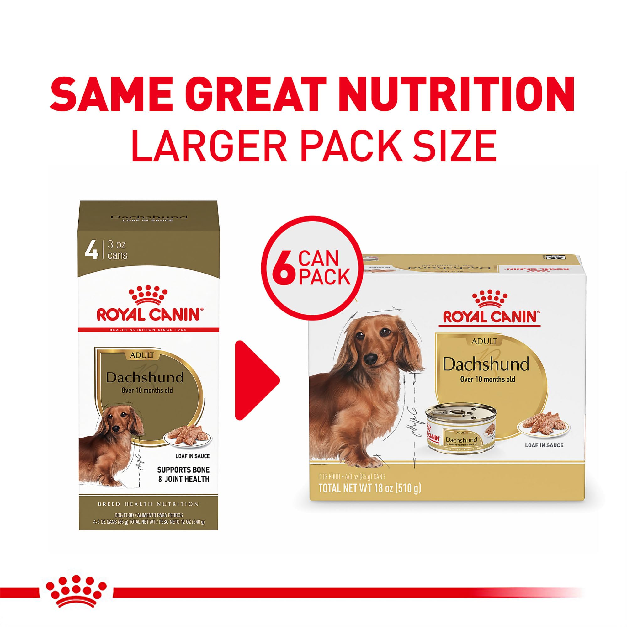 Royal Canin Dachshund loaf in sauce can side shows convenient wet food format