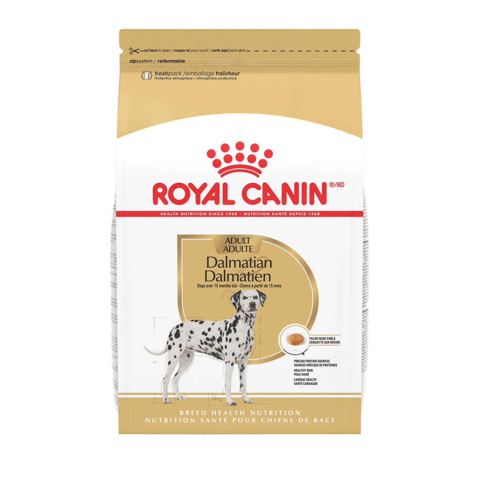 Royal Canin Dalmatian Adult bag shows breed-specific nutrition for purebreds.