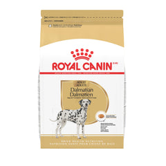 Royal Canin Dalmatian Adult bag shows breed-specific nutrition for purebreds.
