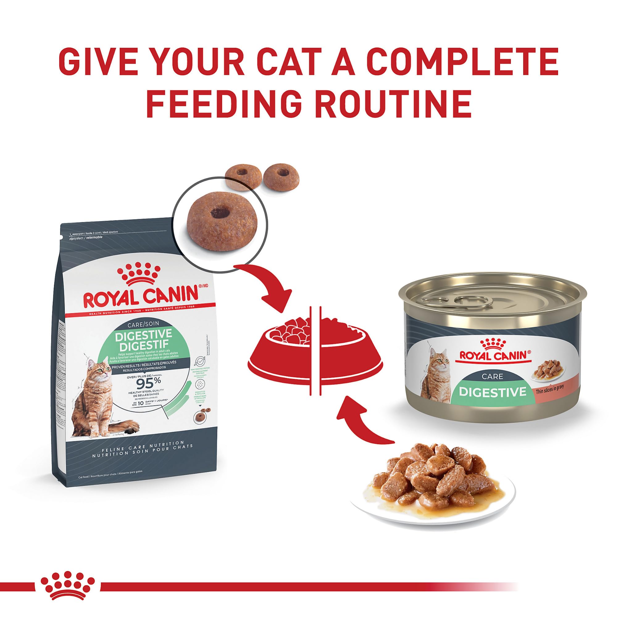Serving suggestion shows pairing with Royal Canin Digestive Care Dry Cat Food for complete care.
