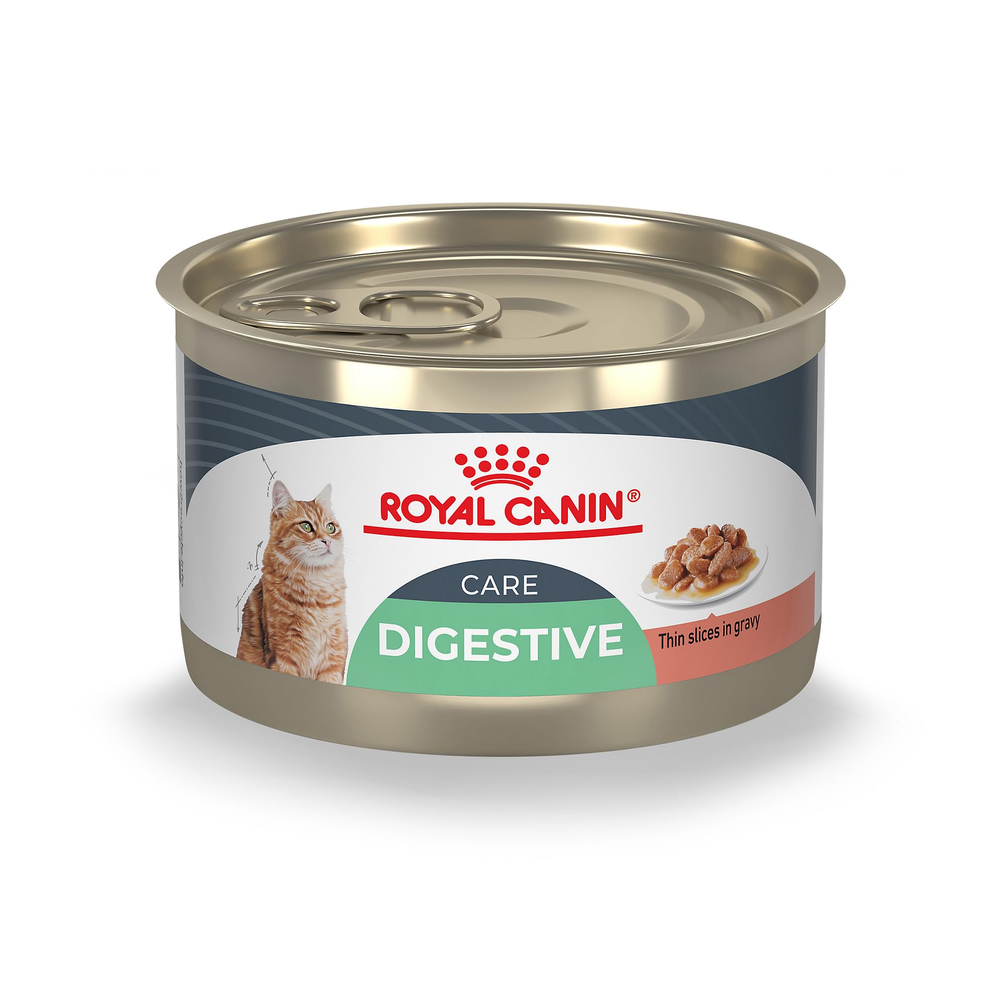 Royal Canin Digestive Care wet cat food packaging shows a 24-pack with thin slices in gravy for digestion.