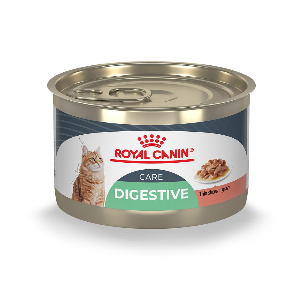 Royal Canin Digestive Care wet cat food packaging shows a 24-pack with thin slices in gravy for digestion.