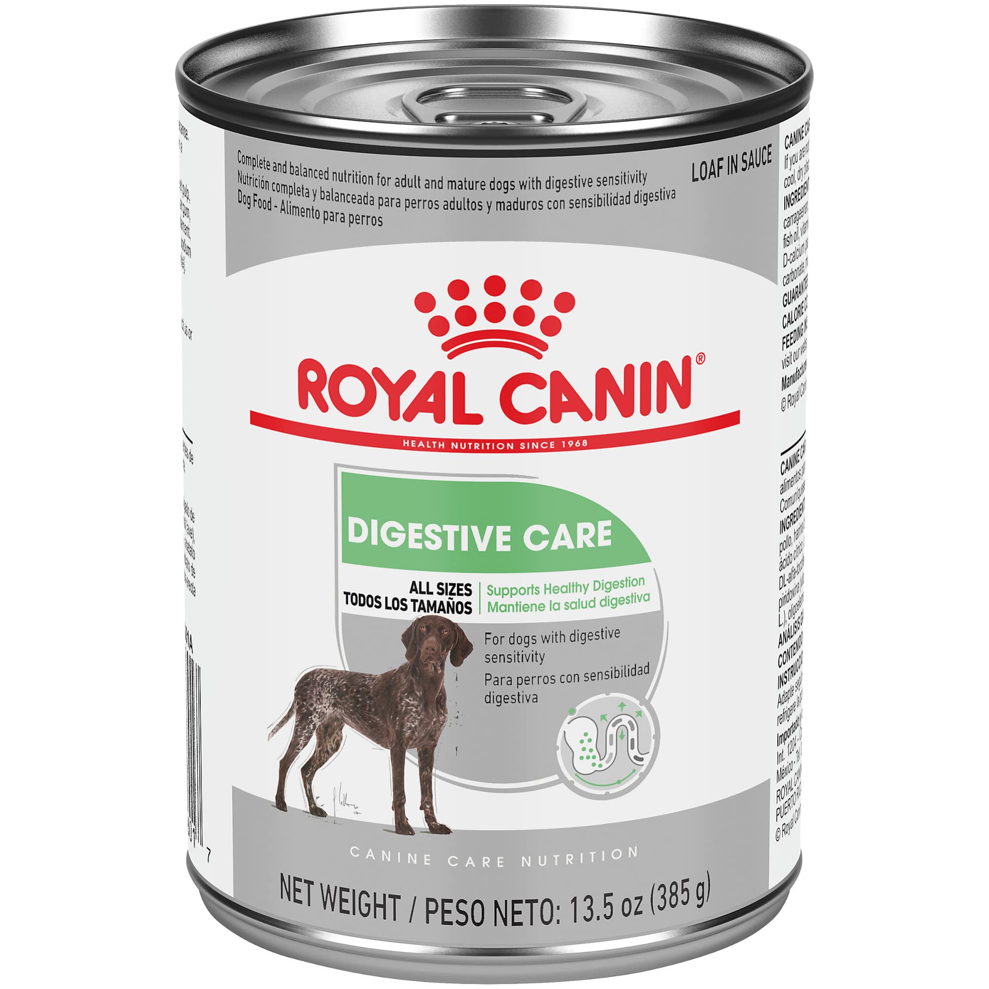 Royal Canin Digestive Care loaf in sauce can shown, suitable for dogs with sensitive stomachs.