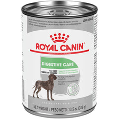 Royal Canin Digestive Care loaf in sauce can shown, suitable for dogs with sensitive stomachs.