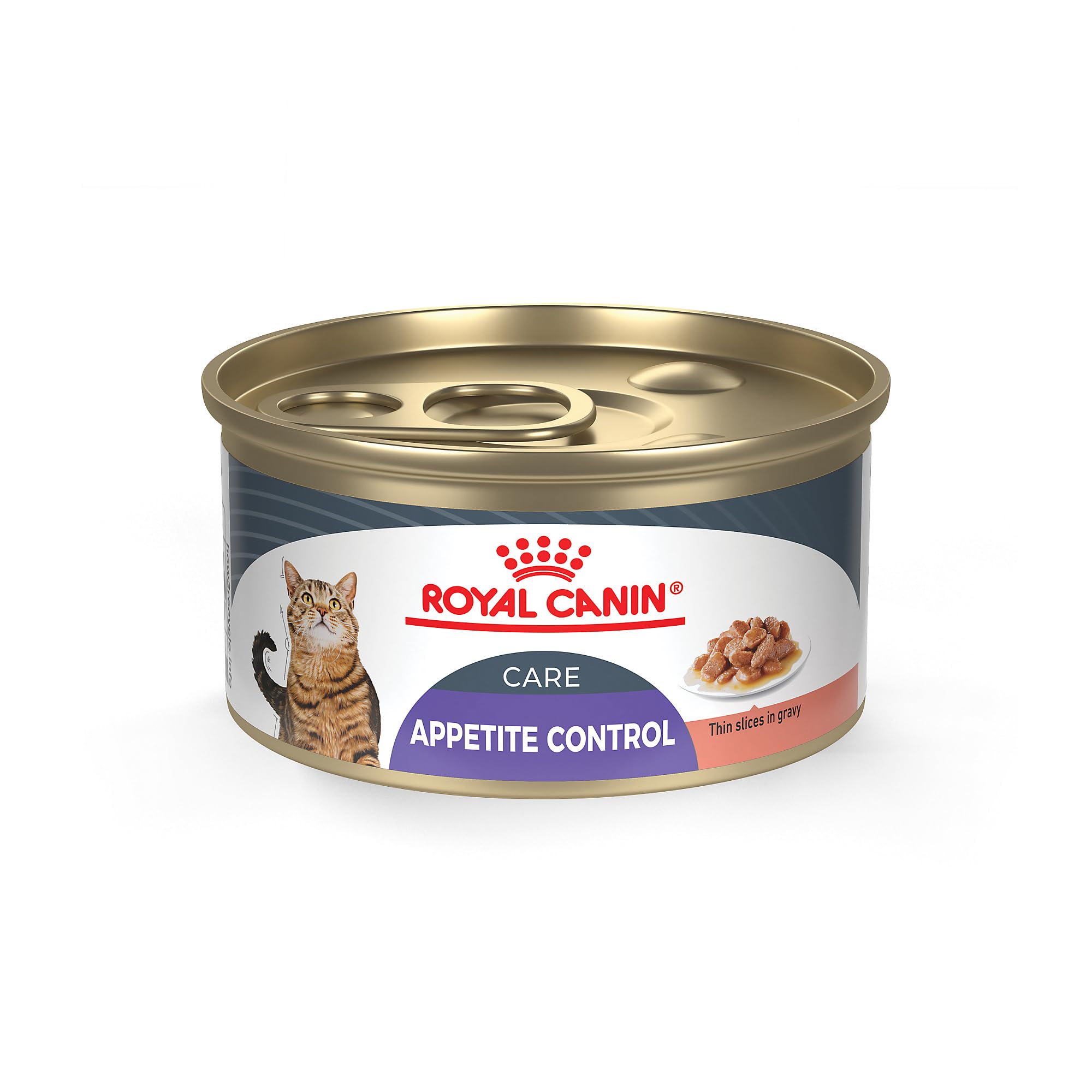 Royal Canin Feline Care Appetite Control tin close-up with slices in gravy for satiety