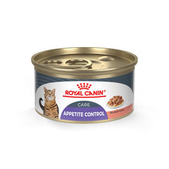 Royal Canin Feline Care Appetite Control tin close-up with slices in gravy for satiety