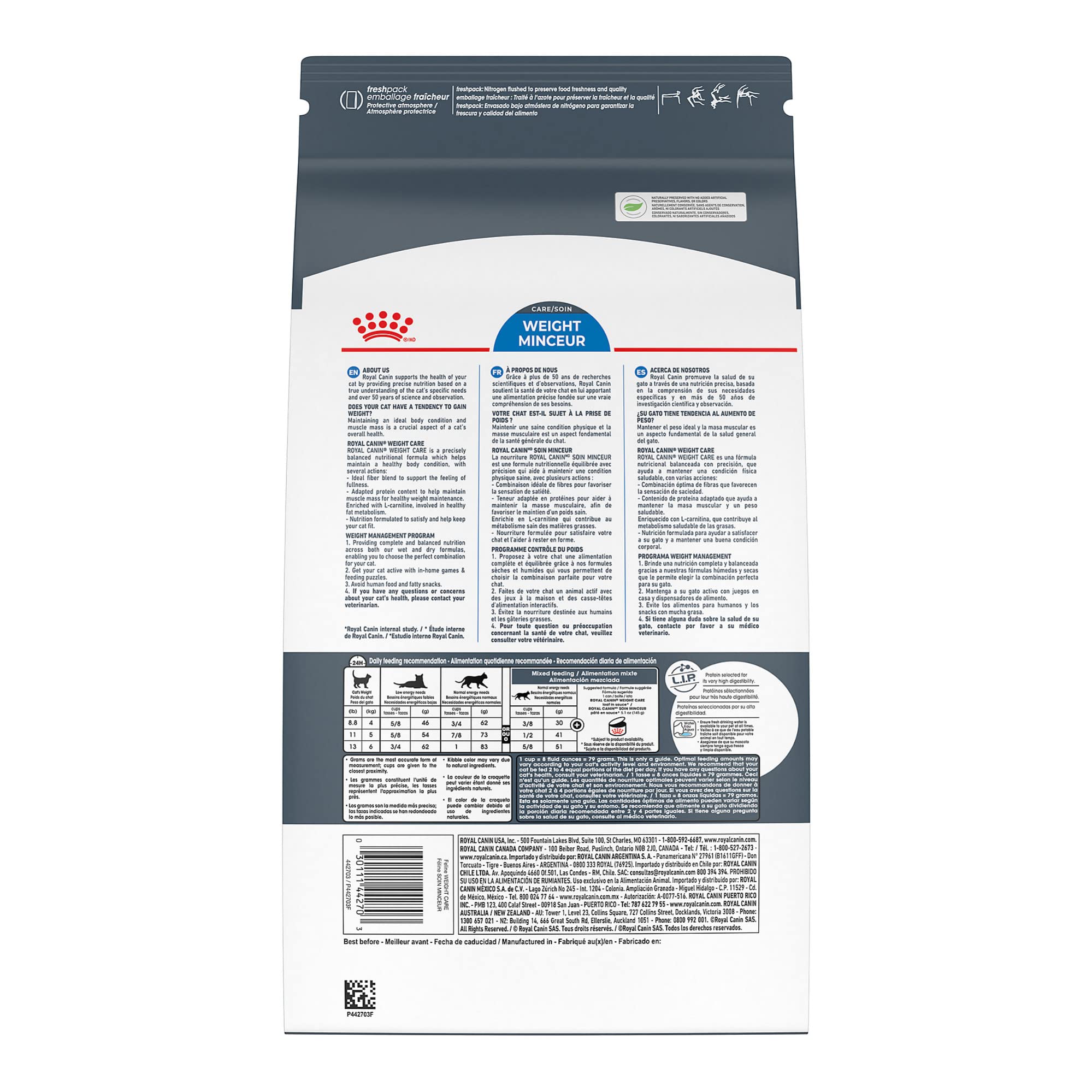 Royal Canin Feline Weight Care dry cat food bag showing portions and nutrition