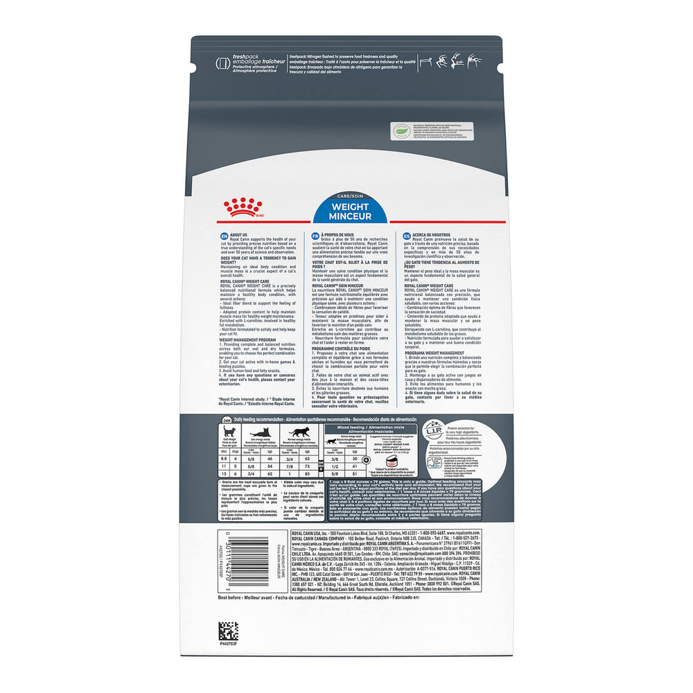 Royal Canin Feline Weight Care dry cat food bag showing portions and nutrition