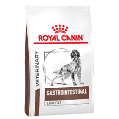 Bag front of Royal Canin Gastrointestinal Low Fat highlights digestive nutrition.