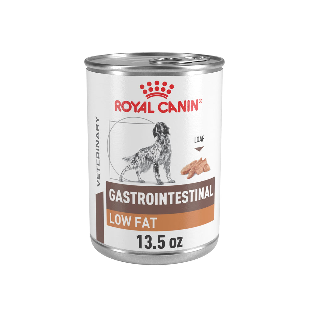Royal Canin Gastrointestinal Low Fat Loaf cans shown for easy serving and digestive support