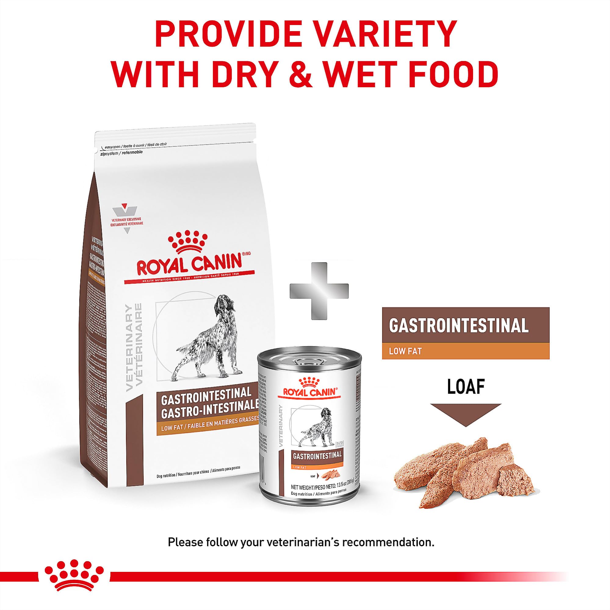 Packaging highlights prebiotics and fiber in Royal Canin GI Low Fat Loaf