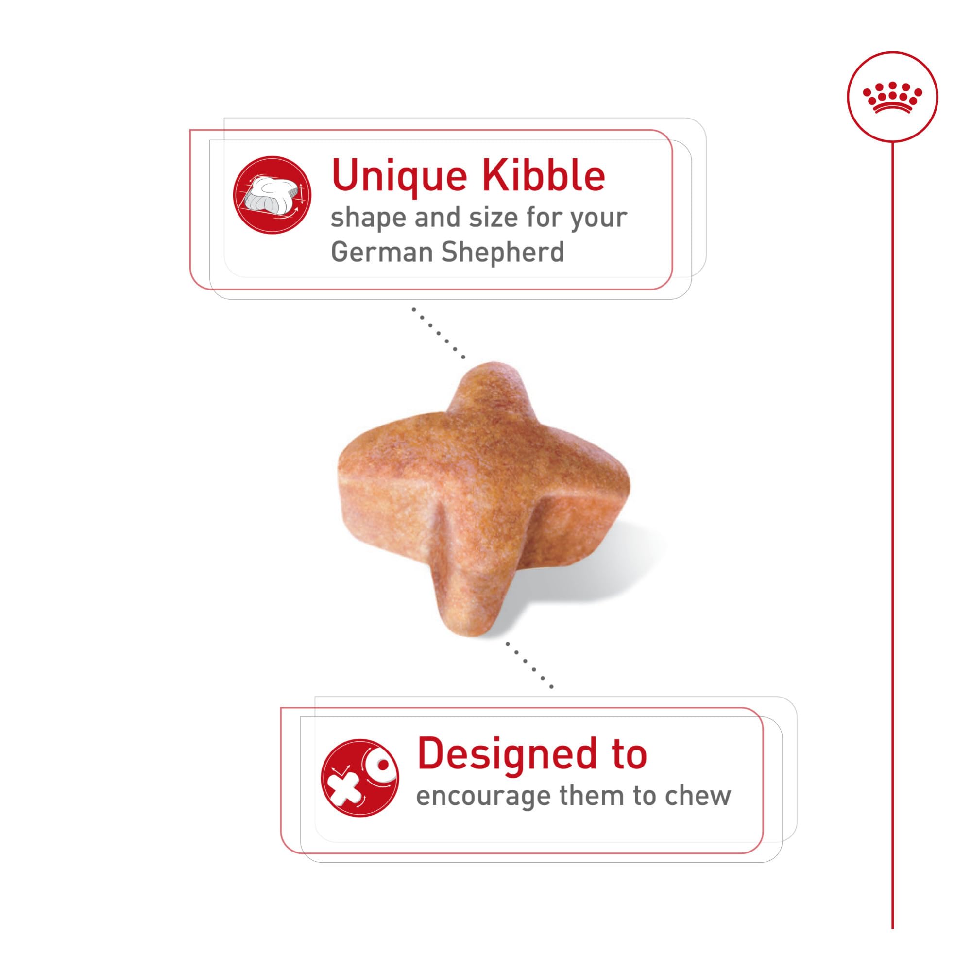 Kibble closeup shows shape designed for a long-muzzled German Shepherd.