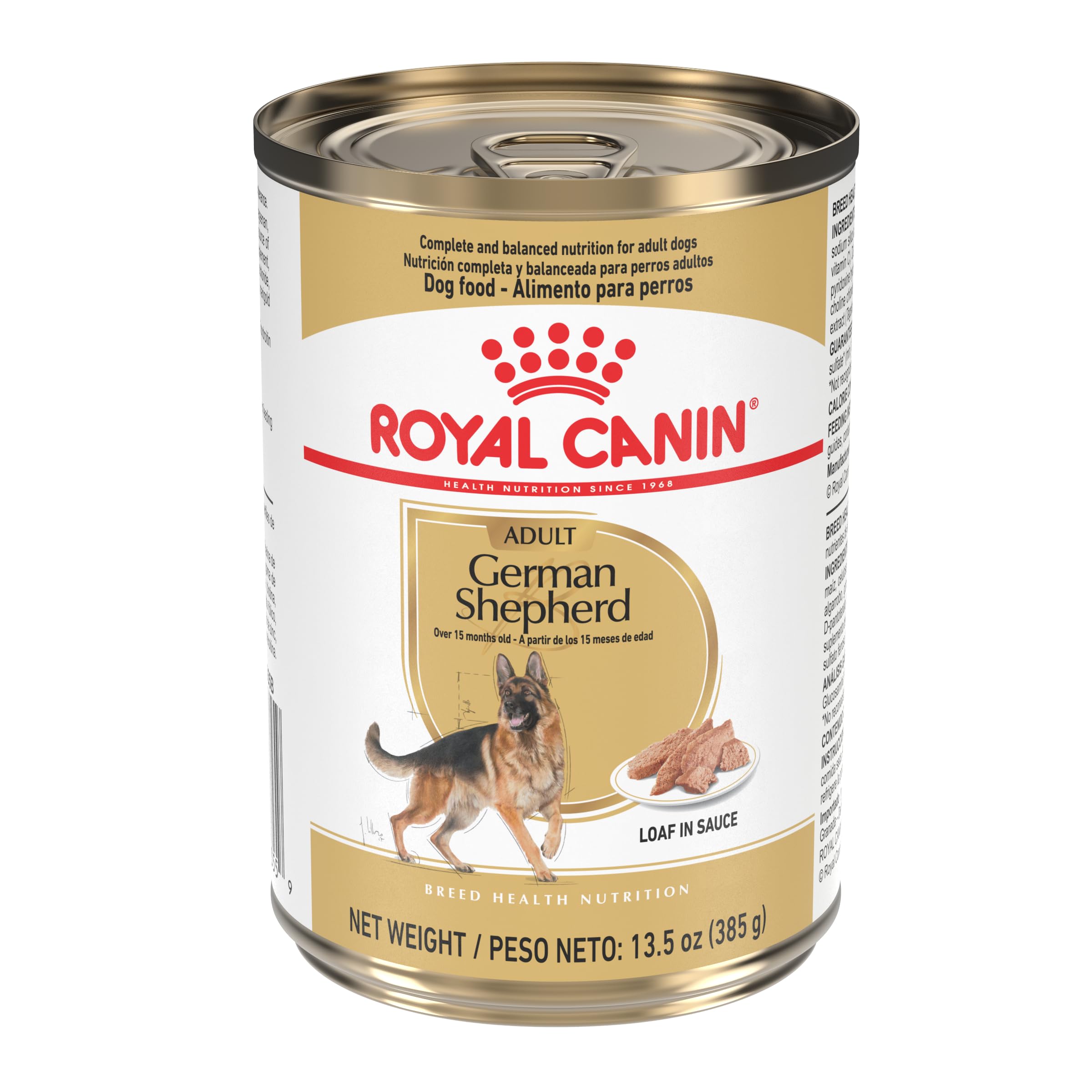 Royal Canin German Shepherd Adult Loaf in Sauce can, promoting breed-specific nutrition.