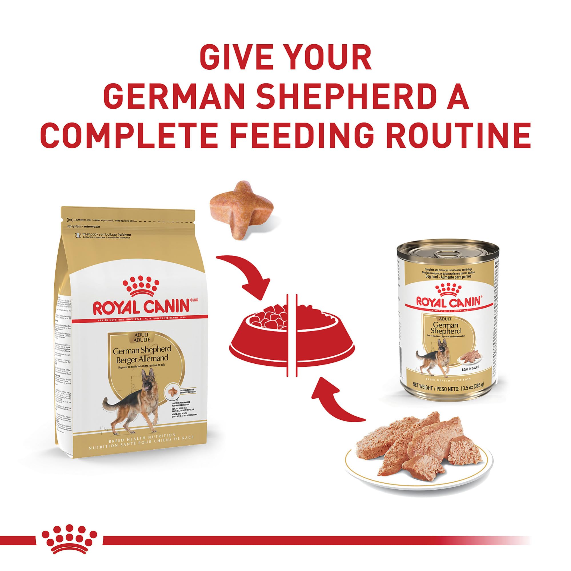Royal Canin German Shepherd Adult Loaf in Sauce serving bowl, appetizing texture for large breed dogs.