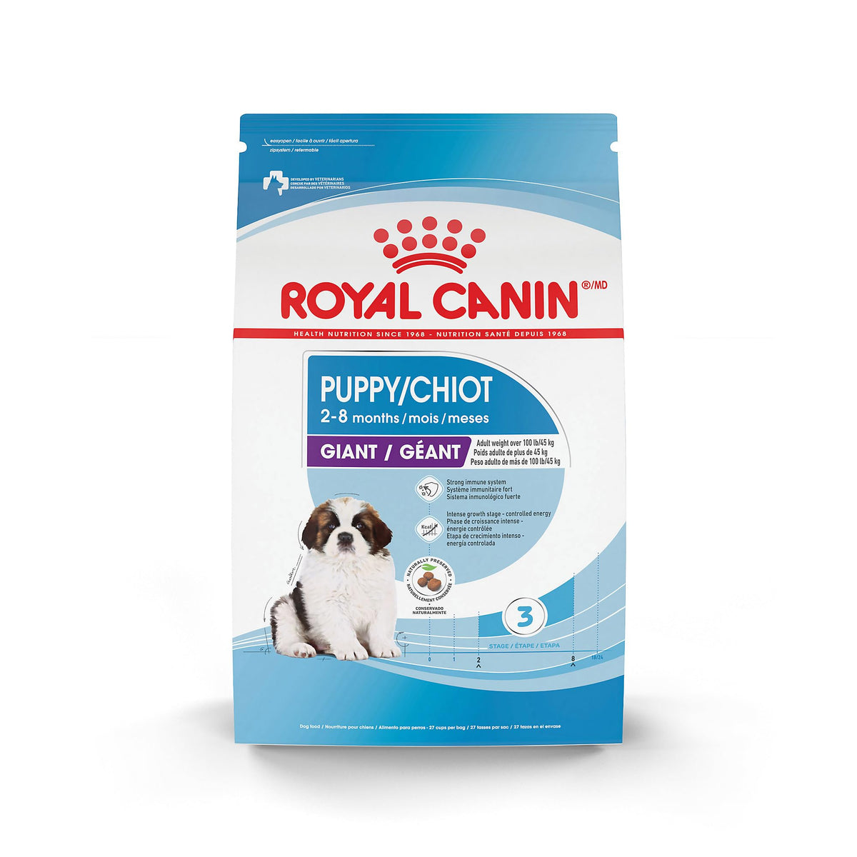 Royal Canin Giant Breed Puppy bag view for growing puppies.