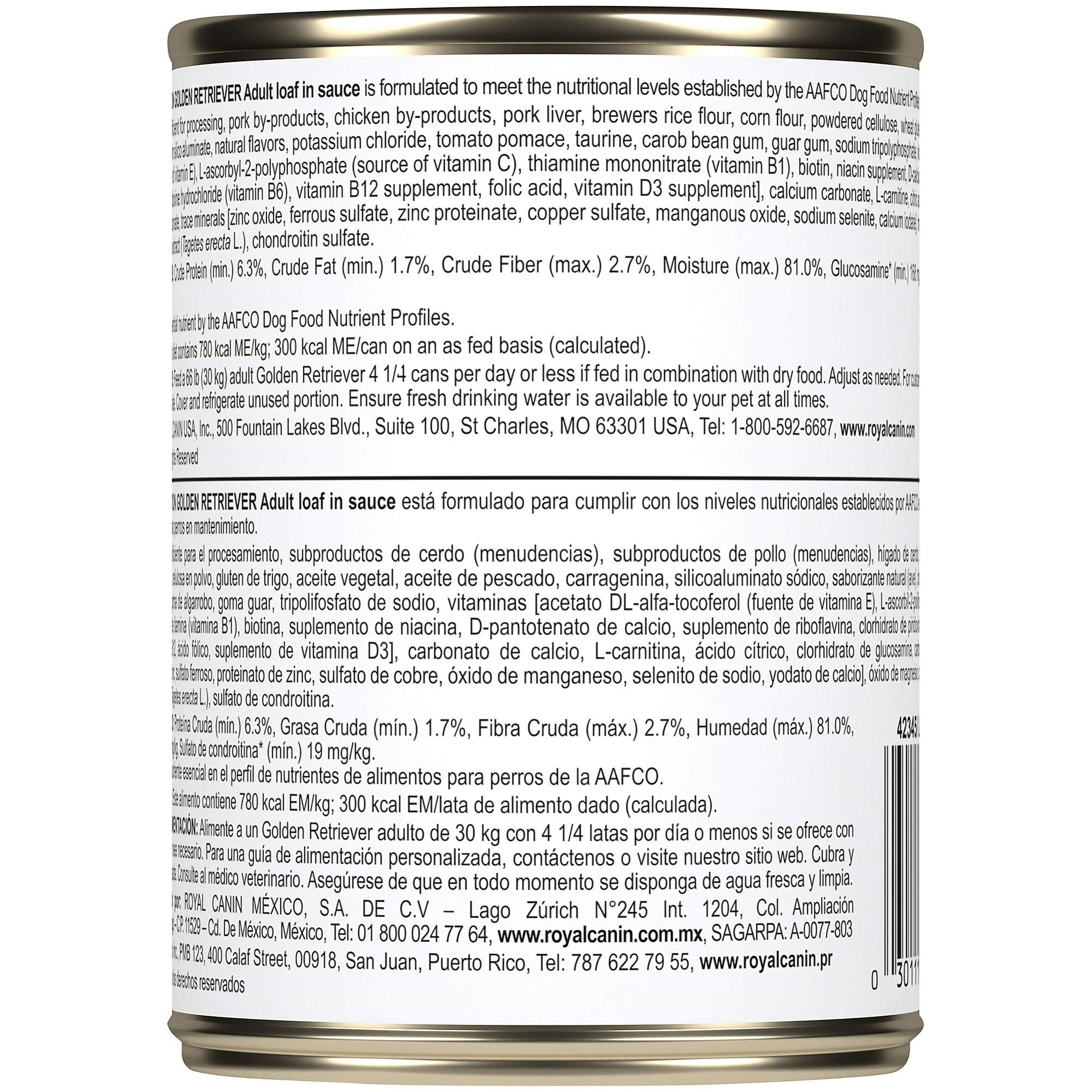 Royal Canin Golden Retriever pack of 12 cans shown for convenient meals.