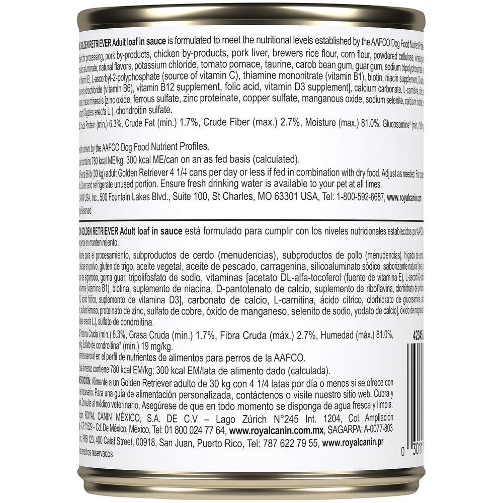 Royal Canin Golden Retriever pack of 12 cans shown for convenient meals.