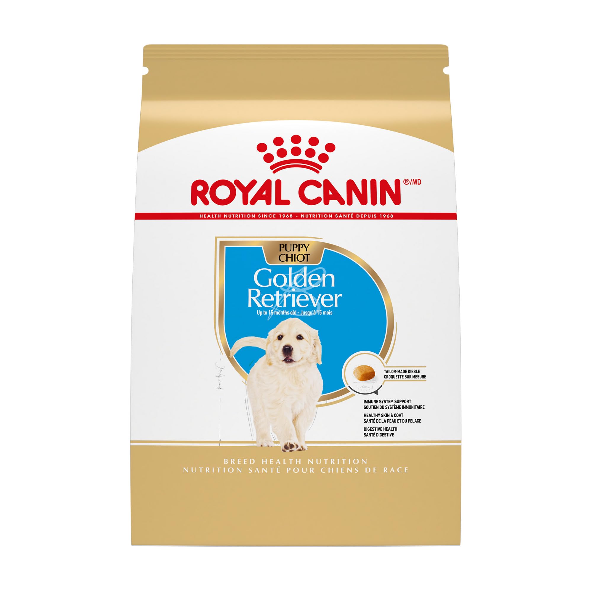 Royal Canin Golden Retriever Puppy Dry Food bag highlighting breed-specific nutrition for puppies.