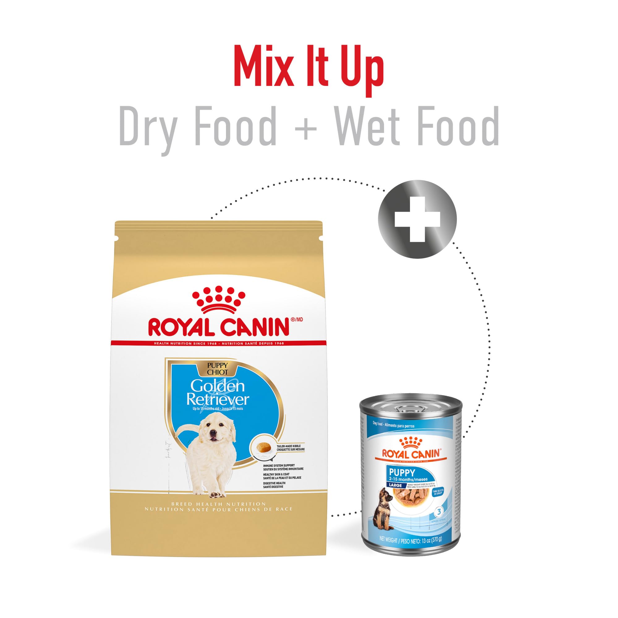 Royal Canin Golden Retriever Puppy skin and coat emphasis suggests a healthy sheen.
