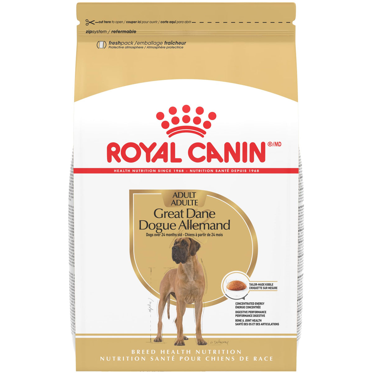 Royal Canin Great Dane Adult dry dog food bag 30 lb, easy to store and portion.