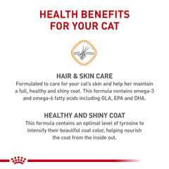 Royal Canin Hair and Skin Care serving bowl with kibble supports coat shine