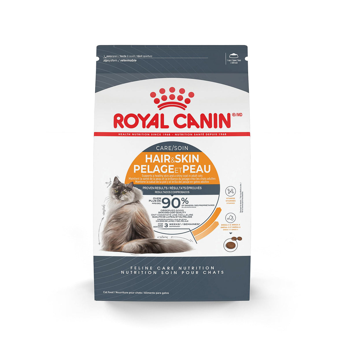 Royal Canin Hair and Skin Care dry cat food bag highlighting coat shine support
