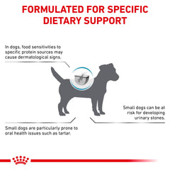 Royal Canin hydrolyzed-protein kibble texture promotes thorough chewing in small dogs.